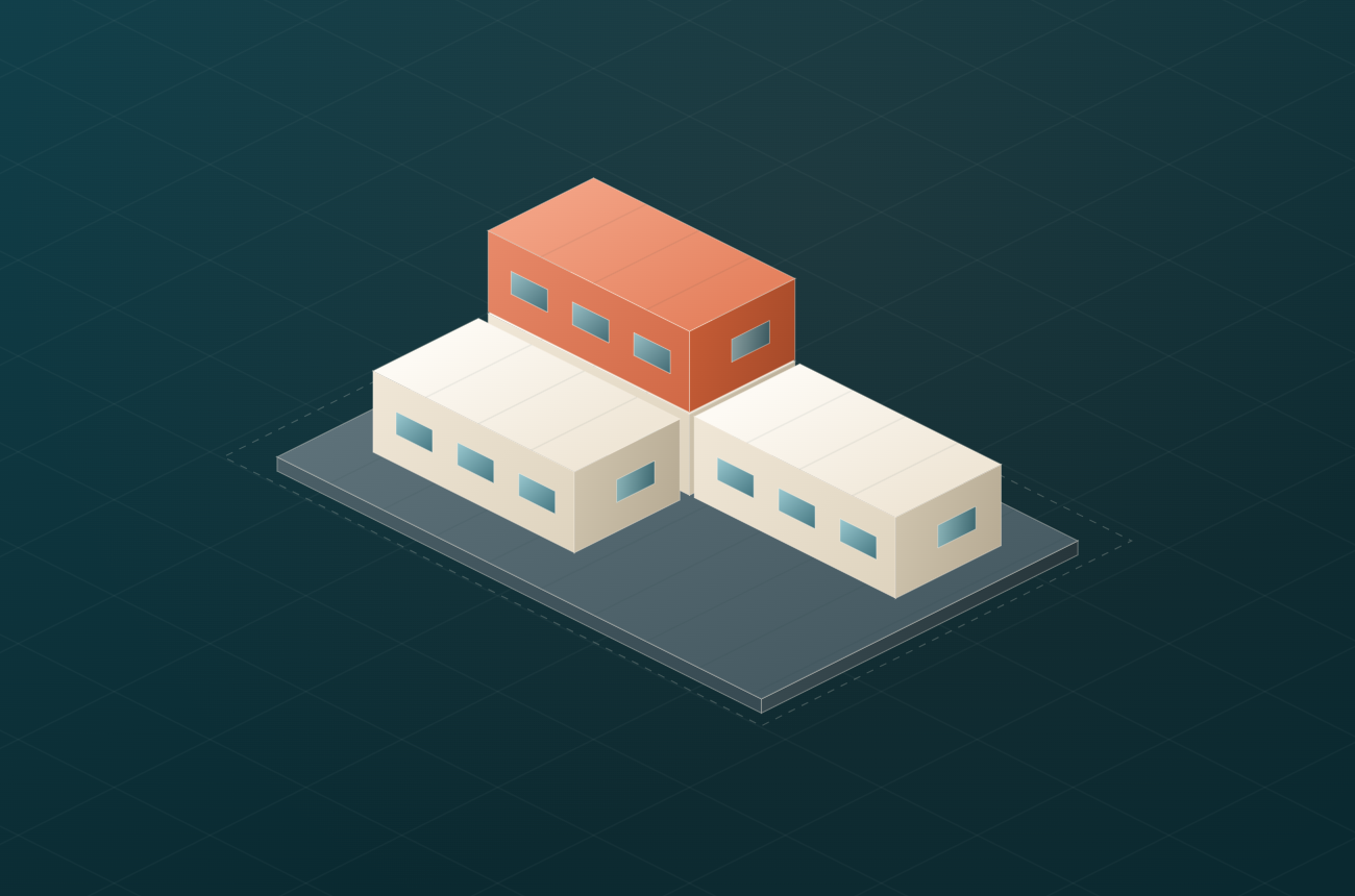 Illustration of three prefabricated modules positioned on a project pad.